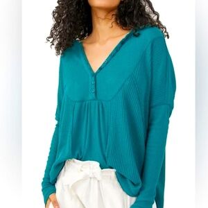 NWT Free People Leo Soft Waffle Ribbed Knit Teal Thermal Henley Shirt Size XL